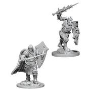 D&D Nolzur's Marvelous Minis: Death Knight and Helmed Horror - Gray plastic miniatures of a armored Death Knight with sword and shield, and a larger Helmed Horror wielding a jagged mace.