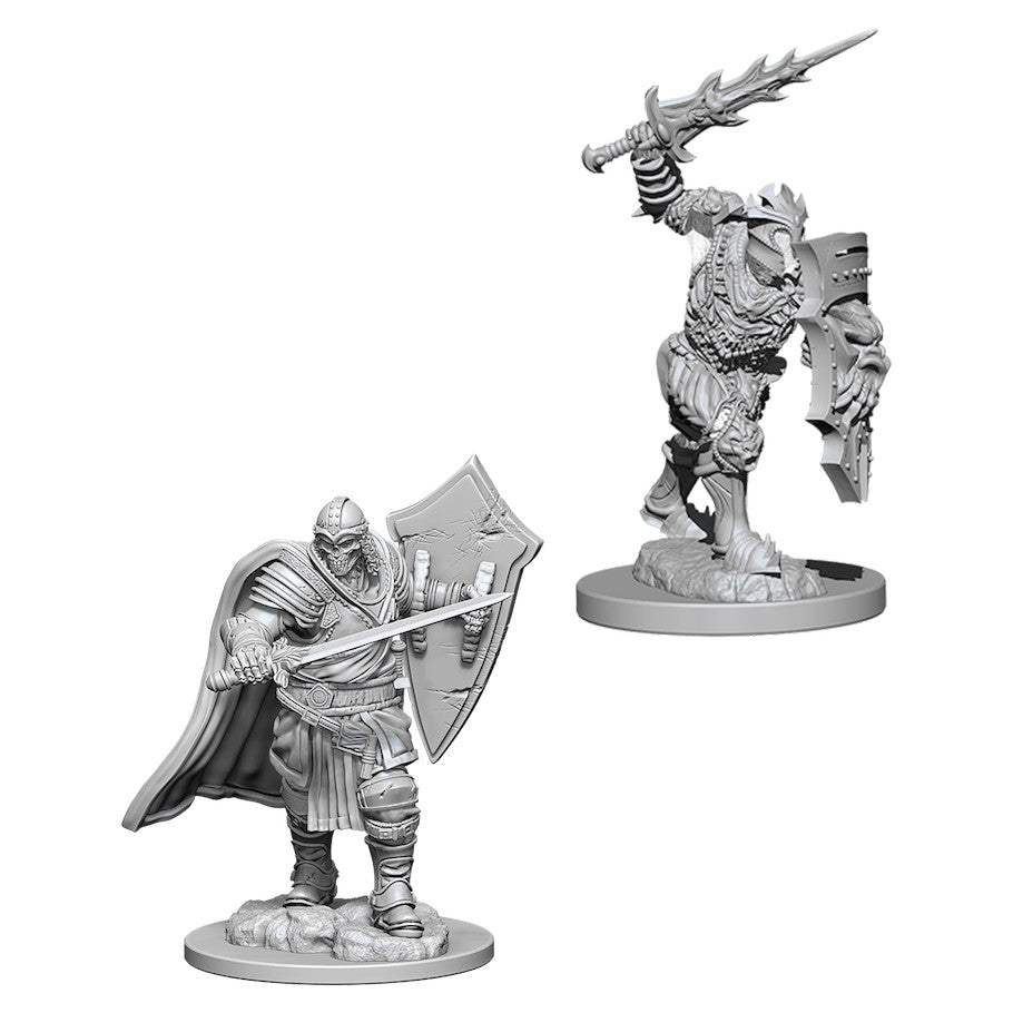 D&D Nolzur's Marvelous Minis: Death Knight and Helmed Horror - Gray plastic miniatures of a armored Death Knight with sword and shield, and a larger Helmed Horror wielding a jagged mace.