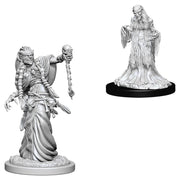 D&D Nolzur's Marvelous Miniatures: Green Hag & Night Hag - Two unpainted resin miniatures featuring detailed fantasy hags; one holding a skull staff with flowing robes, the other with