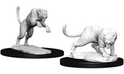 D&D Nolzur's Marvelous Miniatures: Panther & Leopard - Two unpainted white plastic miniatures of a panther and a leopard, each posed on round black bases with detailed bases.