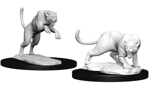 D&D Nolzur's Marvelous Miniatures: Panther & Leopard - Two unpainted white plastic miniatures of a panther and a leopard, each posed on round black bases with detailed bases.