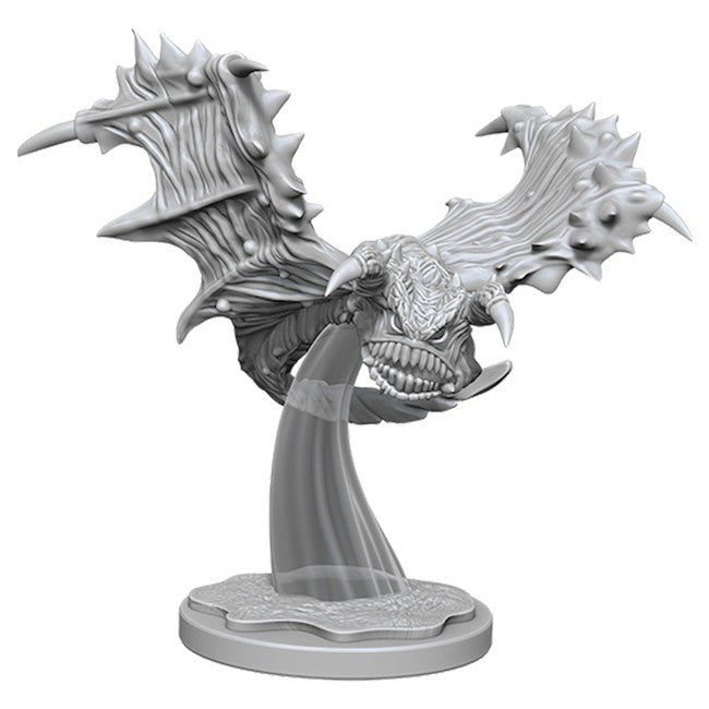Pathfinder Battles Deep Cuts: Flying Ray W6 - Unpainted gray plastic miniature of a flying ray with spiked wings and aggressive facial features on a curved base stand.