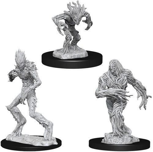 D&D Nolzur's Marvelous Miniatures: Blights - Three unpainted gray resin miniatures depicting monstrous tree-like blight creatures with twisted bark textures and clawed.