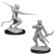 D&D Nolzur's Marvelous Miniatures: Male Tabaxi Rogue - Gray plastic miniature of a male Tabaxi rogue in dynamic poses wielding swords, detailed fur and armor features.