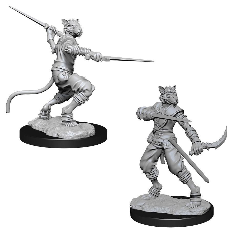 D&D Nolzur's Marvelous Miniatures: Male Tabaxi Rogue - Gray plastic miniature of a male Tabaxi rogue in dynamic poses wielding swords, detailed fur and armor features.