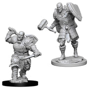 D&D Nolzur's Marvelous Minis: Male Goliath Fighter - Two unpainted gray resin miniatures of muscular male Goliath fighters, one wielding a large hammer and shield, the other an.