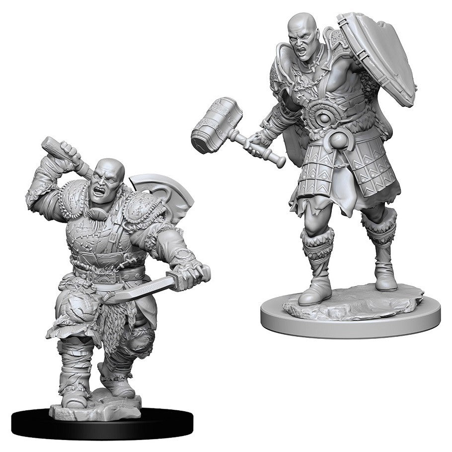 D&D Nolzur's Marvelous Minis: Male Goliath Fighter - Two unpainted gray resin miniatures of muscular male Goliath fighters, one wielding a large hammer and shield, the other an.