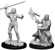 D&D Nolzur's Marvelous Minis: Female Half-Orc Fighter - Two unpainted gray plastic miniatures of female half-orc fighters; one standing with sword raised, the other seated holding.
