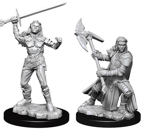 D&D Nolzur's Marvelous Minis: Female Half-Orc Fighter - Two unpainted gray plastic miniatures of female half-orc fighters; one standing with sword raised, the other seated holding.