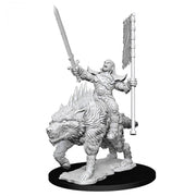 Pathfinder Battles Deep Cuts: Orc on Dire Wolf W7 - Unpainted gray plastic miniature of armored orc wielding sword and banner, riding a snarling dire wolf on black base.