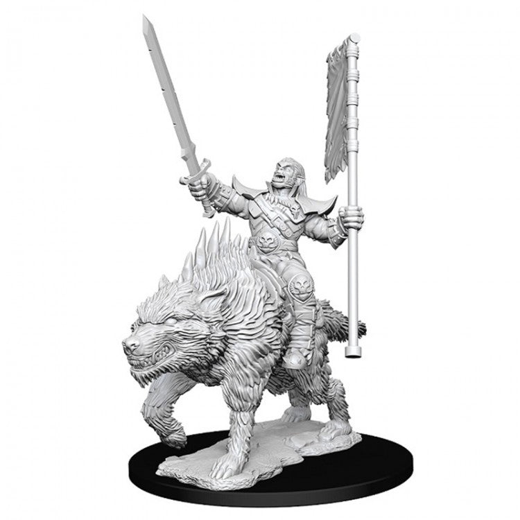 Pathfinder Battles Deep Cuts: Orc on Dire Wolf W7 - Unpainted gray plastic miniature of armored orc wielding sword and banner, riding a snarling dire wolf on black base.