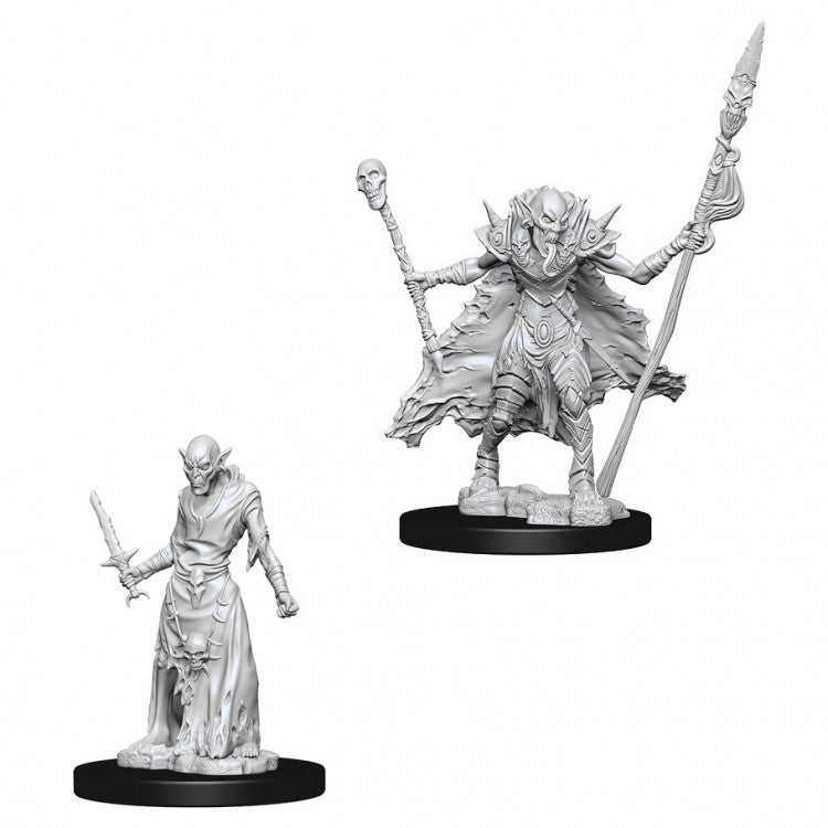 Pathfinder Battles Deep Cuts: Ghouls W7 - One hooded ghoul holding a sword, the other with a staff topped by a skull and a spear, both on round bases.