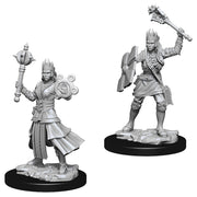 D&D: Nolzur's Marvelous Minis: Female Human Cleric - Gray unpainted plastic miniature of a female cleric holding a mace and shield, wearing layered armor and a long cloak.