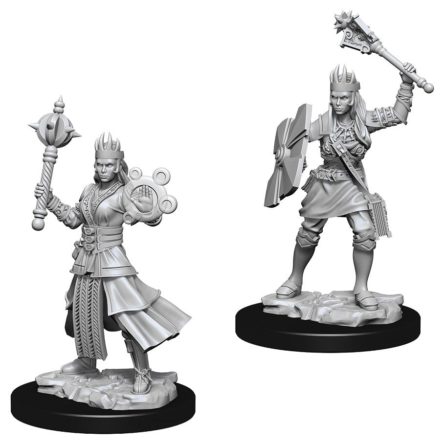 D&D: Nolzur's Marvelous Minis: Female Human Cleric - Gray unpainted plastic miniature of a female cleric holding a mace and shield, wearing layered armor and a long cloak.