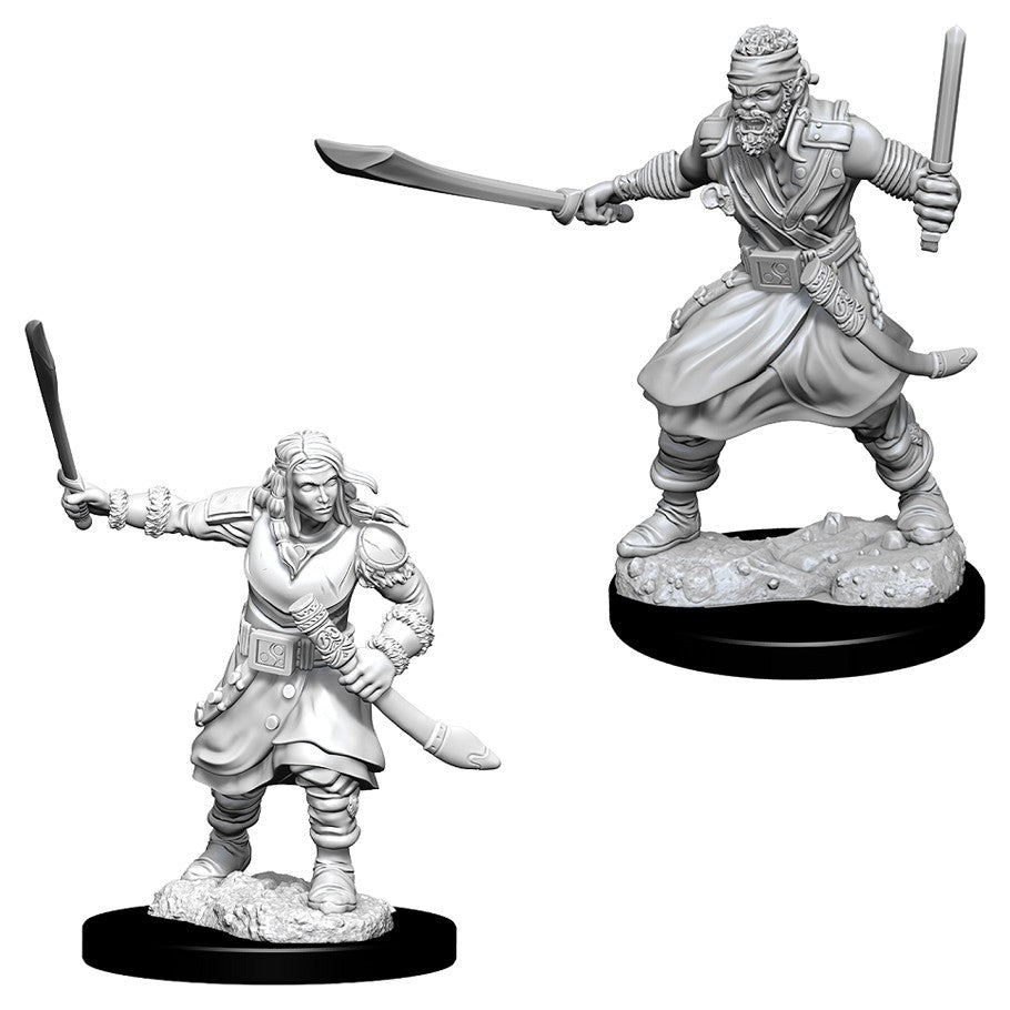 D&D Nolzur's Marvelous Minis: Bandits - Two unpainted gray plastic miniatures depicting bandits; one wielding a broad curved sword and the other holding a short.