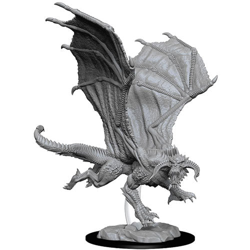 D&D Nolzur's Marvelous Miniatures: Young Black Dragon - Unpainted gray miniature of a young black dragon with outstretched wings and detailed scales on a round base.