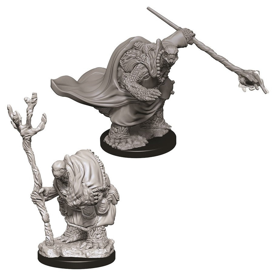 D&D: Nolzur's Marvelous Minis: Tortles Adventurers - Two unpainted gray resin miniatures of tortle adventurers, one holding a twisted wooden staff, the other wielding a long.