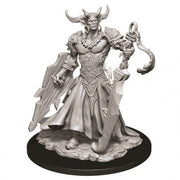 Pathfinder Battles Deep Cuts: Genie Efreeti - Detailed gray miniature of a horned genie efreeti with flowing robes, ornate armor, large curved sword, and shield on round.