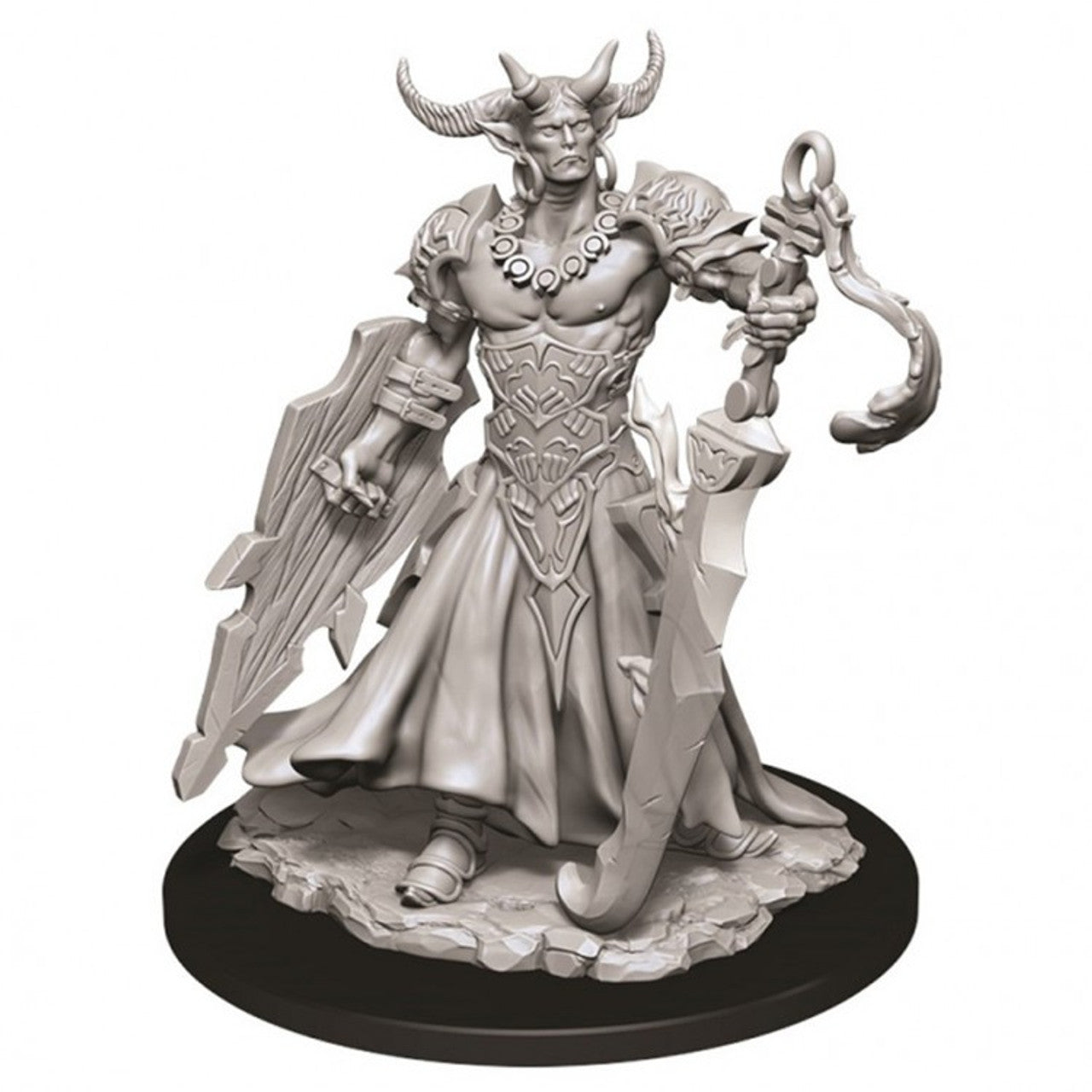 Pathfinder Battles Deep Cuts: Genie Efreeti - Detailed gray miniature of a horned genie efreeti with flowing robes, ornate armor, large curved sword, and shield on round.