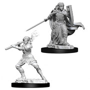 D&D Nolzur's Marvelous Miniatures: Female Human Paladin - One female human paladin standing with sword and shield, wearing flowing robes and armor; the other in a dynamic pose aiming