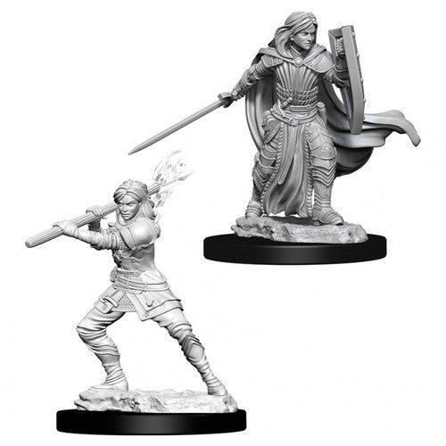D&D Nolzur's Marvelous Miniatures: Female Human Paladin - One female human paladin standing with sword and shield, wearing flowing robes and armor; the other in a dynamic pose aiming