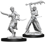 D&D Nolzur's Marvelous Miniatures: Female Human Rogue - Two unpainted gray plastic miniatures of a female rogue; one in a defensive stance holding curved daggers, the other raising