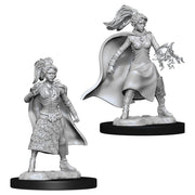 Dungeons & Dragons: Nolzur's Marvelous Minis: Female Human Sorcerer - Unpainted female human sorcerer miniature with flowing hair, cape, and summoning lightning effects on a round base.