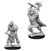 D&D Nolzur's Marvelous Minis: Male Goliath Barbarian - One male barbarian with raised axe and fur cloak, one armored warrior holding sword and shield.