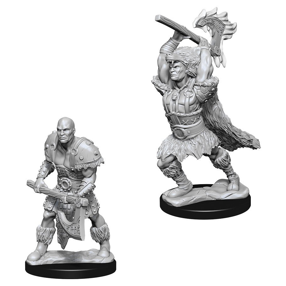 D&D Nolzur's Marvelous Minis: Male Goliath Barbarian - One male barbarian with raised axe and fur cloak, one armored warrior holding sword and shield.