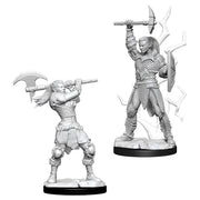 D&D Nolzur's Marvelous Minis: Female Goliath Barbarian - Unpainted resin female goliath barbarian miniatures, muscular build, wielding a large double-headed axe and a raised weapon,