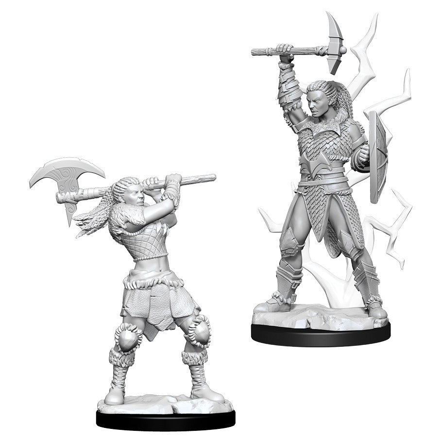 D&D Nolzur's Marvelous Minis: Female Goliath Barbarian - Unpainted resin female goliath barbarian miniatures, muscular build, wielding a large double-headed axe and a raised weapon,