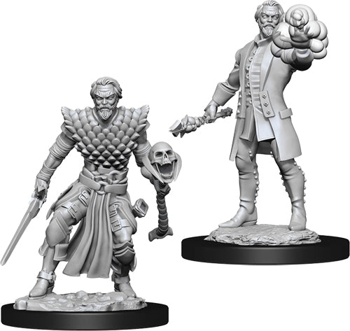 D&D Nolzur's Marvelous Miniatures: Male Human Warlock - Two unpainted gray plastic D&D miniatures, one male warlock with a skull staff and detailed armor, the other holding a fiery