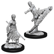 D&D Nolzur's Marvelous Minis: Male Half-Elf Monk - Gray plastic miniature of a male half-elf monk in dynamic martial arts poses, detailed clothing and weapons, mounted on.