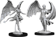 D&D Nolzur's Marvelous Miniatures: Succubus & Incubus - Two unpainted gray resin miniatures of a succubus and incubus, each with large bat-like wings, dynamic poses, and fantasy.