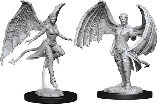 D&D Nolzur's Marvelous Miniatures: Succubus & Incubus - Two unpainted gray resin miniatures of a succubus and incubus, each with large bat-like wings, dynamic poses, and fantasy.