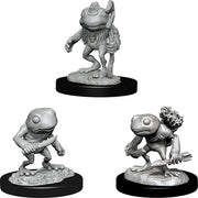 D&D Nolzur's Marvelous Miniatures: Grung - Gray unpainted plastic miniatures of frog-like creatures with distinct poses on round bases.
