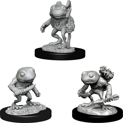 D&D Nolzur's Marvelous Miniatures: Grung - Gray unpainted plastic miniatures of frog-like creatures with distinct poses on round bases.