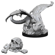 D&D Nolzur's Marvelous Miniatures: Black Dragon Wyrmling - Unpainted gray resin miniature of a black dragon wyrmling with outstretched wings on a round base, accompanied by a separate