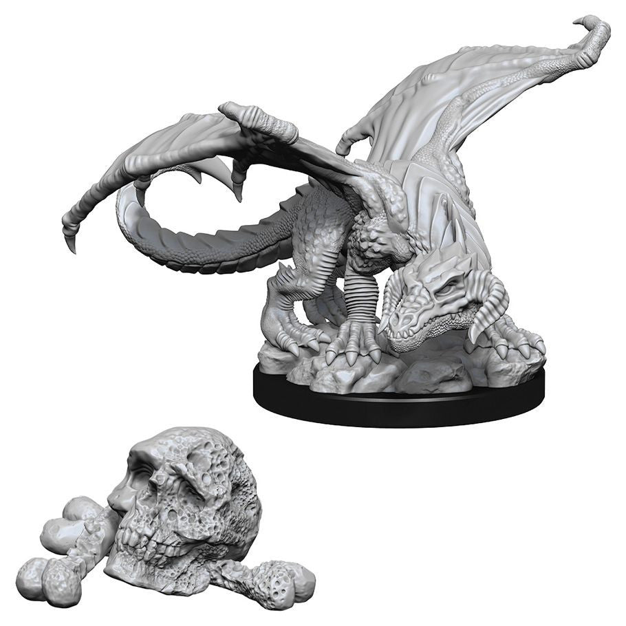 D&D Nolzur's Marvelous Miniatures: Black Dragon Wyrmling - Unpainted gray resin miniature of a black dragon wyrmling with outstretched wings on a round base, accompanied by a separate