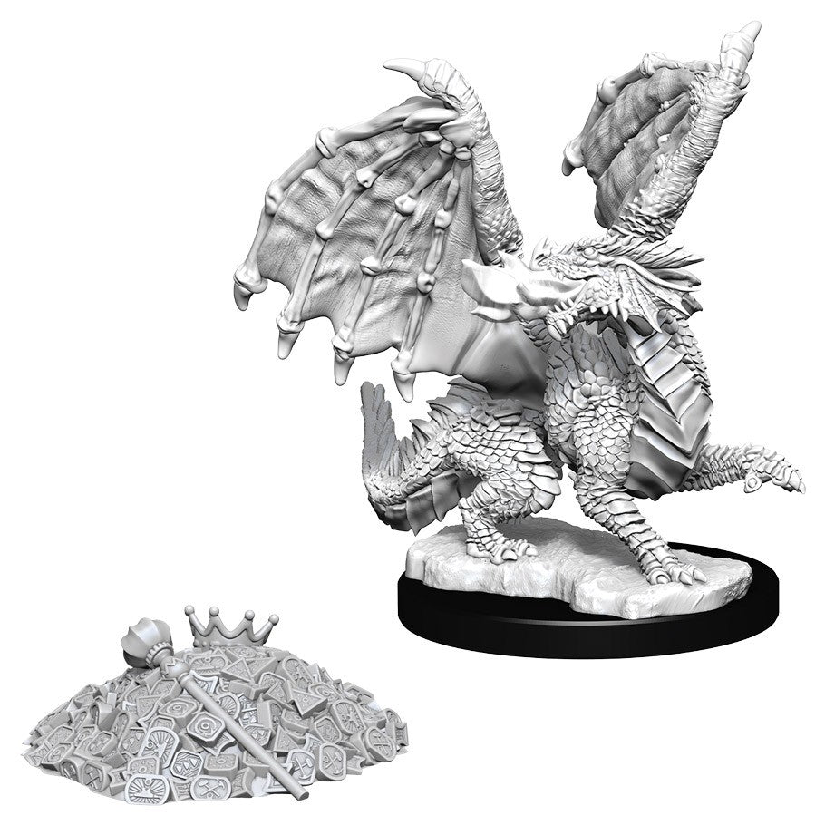 D&D: Nolzur's Marvelous Minis: Red Dragon Wyrmling W10 - Unpainted gray resin miniature of a red dragon wyrmling with detailed scales and wings, standing on a round base next to a.