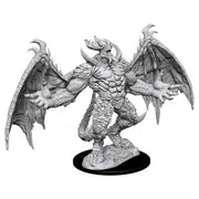 Pathfinder Battles Deep Cuts: Pit Devil W10 - Gray unpainted dragon-like demon miniature with large outstretched wings and muscular body on black base.