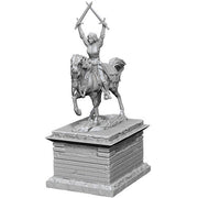 Pathfinder Battles Deep Cuts: Heroic Statue - Gray unpainted resin fantasy statue of a warrior brandishing crossed swords atop a rearing horse on a textured square base.