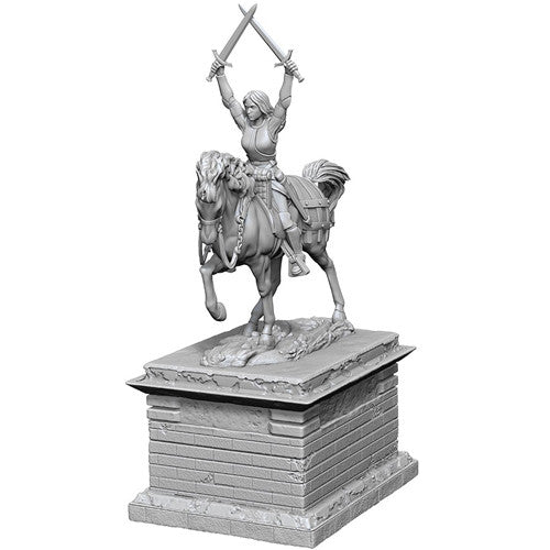 Pathfinder Battles Deep Cuts: Heroic Statue - Gray unpainted resin fantasy statue of a warrior brandishing crossed swords atop a rearing horse on a textured square base.