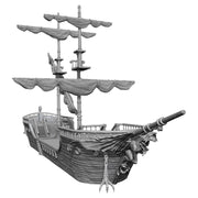 D&D: Nolzur's Marvelous Minis: The Falling Star - Gray plastic miniature sailing ship with three masts, detailed sails, and ship's figurehead.