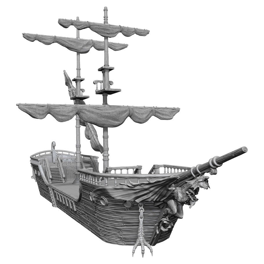 D&D: Nolzur's Marvelous Minis: The Falling Star - Gray plastic miniature sailing ship with three masts, detailed sails, and ship's figurehead.