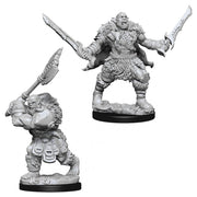 Pathfinder Battles Deep Cuts: Orcs W8 - Two detailed gray plastic orc miniatures, one wielding dual curved swords, the other raising a large axe, both on round.