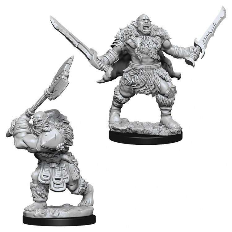 Pathfinder Battles Deep Cuts: Orcs W8 - Two detailed gray plastic orc miniatures, one wielding dual curved swords, the other raising a large axe, both on round.