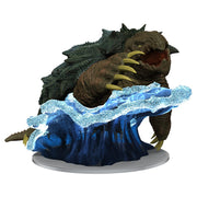 Critical Role Mini: Premium Dieter Figure - Dark brown dragon figure with large yellow claws emerging from blue translucent waves on a round base.