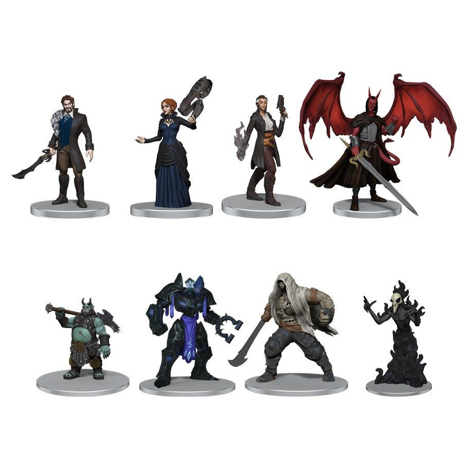 Critical Role Mini: Monsters of Exandria Set 2 - Armored warriors, spellcasters, and winged demon with red wings, all standing on round grey bases.