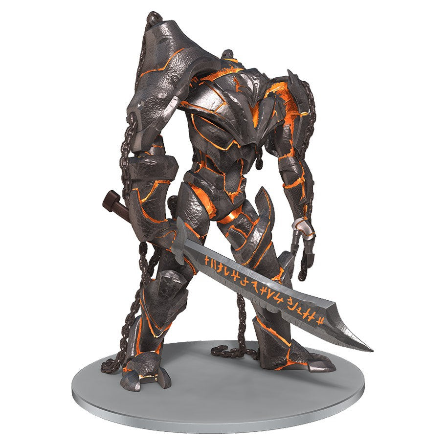 Critical Role Mini: Forge Guardian - Dark metallic forge guardian miniature with glowing orange lava-like cracks and large, jagged sword on round gray base.